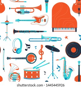Musical instruments, equipment retro vector flat seamless pattern. Piano, banjo, saxophone texture. Percussion, strings, brass instruments. Jazz concert, music festival, rock performance background