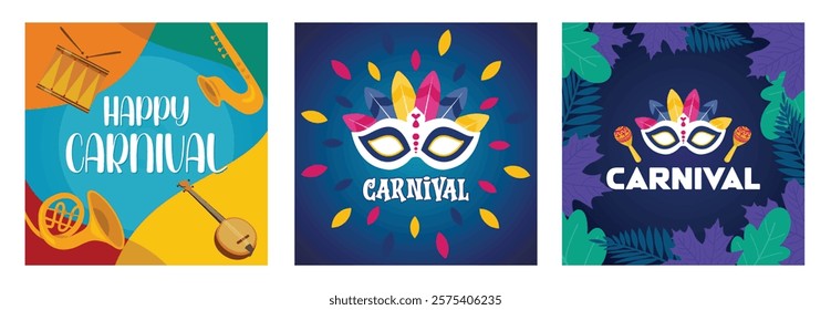 Musical Instruments and Festive Design. Festive Carnival Mask. Mardi gras carnival. Set flat vector modern illustration 