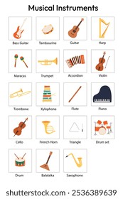 Musical instruments flash cards for kids, education,English language,textbook. Flash cards set for school and preschool.Learning music instruments for children.Vector illustration cartoon flat style.