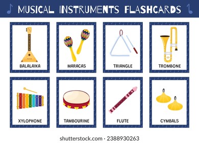 Musical instruments flashcards collection. Flash cards collection for school and preschool. Learning material for kids. Vector illustration