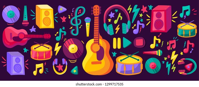 Musical instruments flat cliparts set. Hand drawn guitar, drums, records collection. Stickers pack