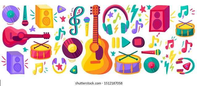 Musical instruments flat cliparts set. Hand drawn orchestra equipment collection. Stickers pack