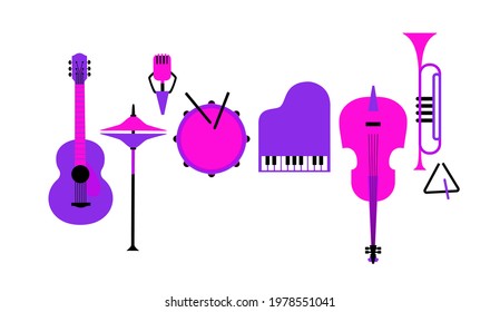 Musical instruments flat color vector icon set. Drum, piano, trumpet, guitar sign cartoon design element. Musical event symbols sketch illustration. Live music entertainment template background