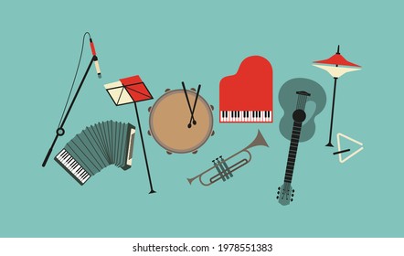 Musical instruments flat color vector icon set. Drum, piano, trumpet, guitar sign cartoon design element. Musical event symbols sketch illustration. Live music entertainment template background