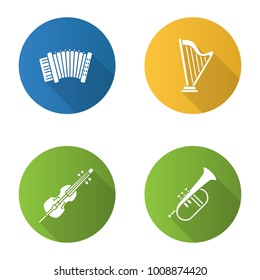 Musical instruments flat design long shadow glyph icons set. Accordion, harp, violoncello, flugelhorn. Vector silhouette illustration