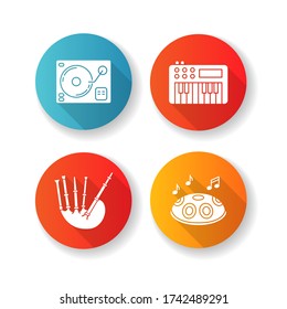Musical instruments flat design long shadow glyph icons set. Turntablism for DJ party performance. Synthesizer keyboard. Scottish bagpipes. Handpan tune. Silhouette RGB color illustration