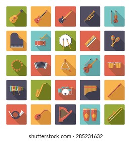 Musical Instruments Flat Design Long Shadow Vector Icons Collection. Set of 25 music related symbols in rounded squares.