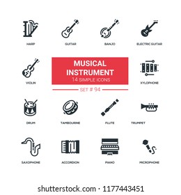 Musical instruments - flat design style icons set. Black solid pictograms. Banjo, electric guitar, violin, harp, xylophone, drum, tambourine, flute, trumpet, saxophone, accordion, piano, microphone