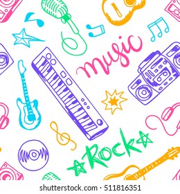musical instruments, flat icons and elements set seamless pattern