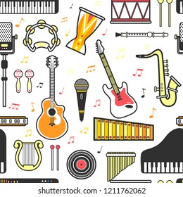 Musical instruments flat icons seamless pattern. Vector isolated