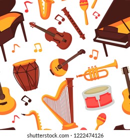 Musical instruments flat icons seamless pattern. Vector isolated set of orchestra harp and rock or banjo guitar, piano music notes and drums or percussion, maracas and flute with saxophone or trumpet 
