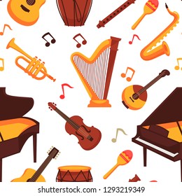 Musical instruments flat icons seamless pattern. Vector isolated set of orchestra harp and rock or banjo guitar, piano music notes and drums or percussion, maracas and flute with saxophone or trumpet 