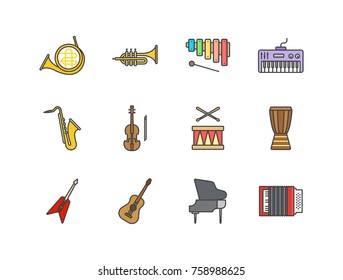 Musical instruments flat line colored icons set including French horn, trumpet, marimba, electric piano, saxophone, violin, drum, guitar, accordion.