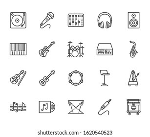 Musical instruments flat line icons set. Dj equipment, sound recording studio, piano, guitar, saxophone vector illustration. Outline pictogram for music store. Pixel perfect 64px *5 Editable Strokes.