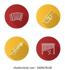 Musical instruments flat linear long shadow icons set. Accordion, violoncello, marimba, flugelhorn. Vector outline illustration