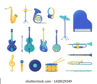 Musical instruments flat vector illustrations set. Electric guitar, grand piano, trumpet, saxophone isolated design elements. Wind and string instruments. Retro music record and microphone