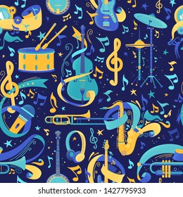 Musical instruments flat vector seamless pattern. Cello, saxophone, trombone texture. Strumming, percussion, brass instruments. Music festival, jazz performance, classical orchestra background