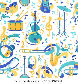 Musical instruments flat vector seamless pattern. Cartoon cello, microphone, headphones, banjo texture. Brass, percussion, string instruments. Musical festival, concert wrapping paper, textile design