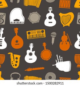 Musical instruments flat vector seamless pattern. Colored cosilhouette on black background.  Wrapping paper, wallpaper, textile design. Piano, drum, bagpipe, djembe.