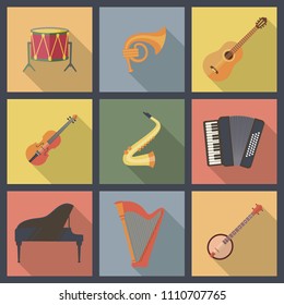 Musical instruments, flat vector set. Vector illustration