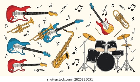 Musical instruments and floating notes background featuring electric guitars trumpets a saxophone and a complete black drum kit set.
