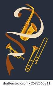 Musical instruments with flowing ribbons create dynamic visual harmony in a playful design
