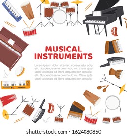 Musical instruments frame for live music concert vector poster illustration. Design of drums, jazz band musical instruments, piano and music notes stave isolated on white with text space for poster.