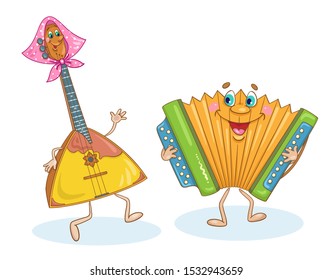 Musical instruments. Funny harmonica and cute balalaika play and dance. In cartoon style. Isolated on a white background.  Vector illustration.
