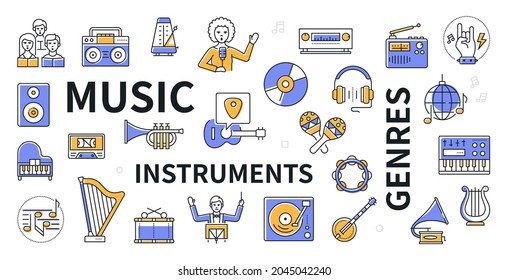 Musical instruments and genres - line design icon set