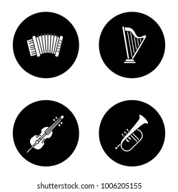 Musical instruments glyph icons set. Accordion, harp, violoncello, flugelhorn. Vector white silhouettes illustrations in black circles