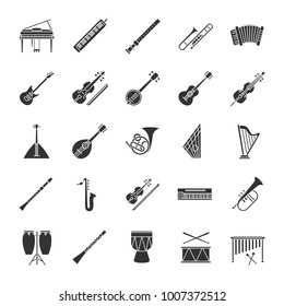 Musical instruments glyph icons set. Orchestra equipment. Stringed, wind, percussion instruments. Silhouette symbols. Vector isolated illustration