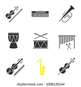 Musical instruments glyph icons set. Violin, mellotron, flugelhorn, kendang, drum, marimba, viola, saxophone, violoncello. Silhouette symbols. Vector isolated illustration