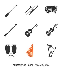 Musical instruments glyph icons set. Didgeridoo, trombone, accordion, flute, guitar, violoncello, conga, gusli, harp. Silhouette symbols. Vector isolated illustration