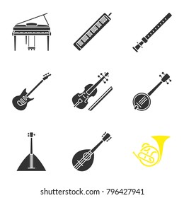 Musical instruments glyph icons set. Piano, melodica, duduk, electric guitar, viola, banjo, balalaika, mandolin, french horn. Silhouette symbols. Vector isolated illustration