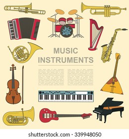 Musical instruments graphic template. All types of musical instruments infographic. Vector illustration