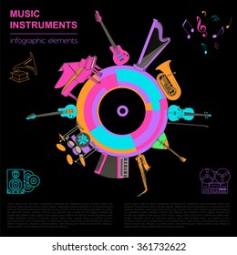 Musical instruments graphic template. All types of musical instruments infographic. Vector illustration