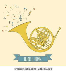 Musical instruments graphic template. French horn. Vector illustration