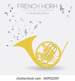 Musical instruments graphic template. French horn. Vector illustration