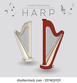 Musical instruments graphic template. Harp. Vector illustration