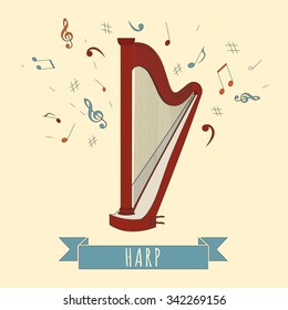 Musical instruments graphic template. Harp. Vector illustration