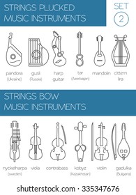 Musical instruments graphic template. Strings plucked and bow. Vector illustration