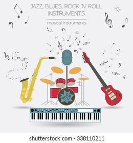 Musical instruments graphic template.Jazz, blues, rock`n`roll band. Vector illustration