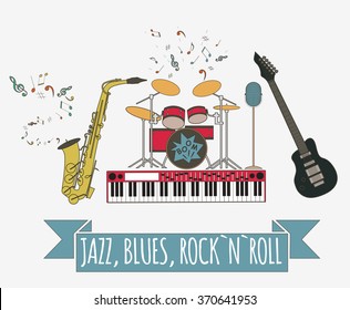 Musical instruments graphic template.Jazz, blues, rock`n`roll band. Vector illustration