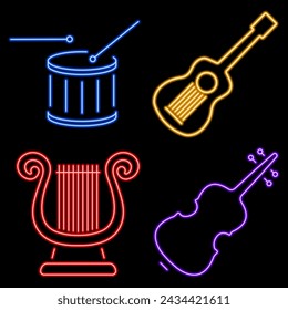musical instruments group of neon icons, vector illustration on black background.