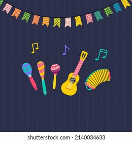 Musical instruments - guitar, accordion and maracas. Decorative streamers with colorful flags. Postcard or poster design for latin music music festival. Vector.