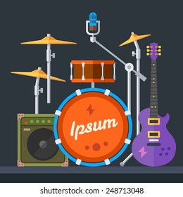 Musical instruments: guitar, drums, cymbals, synthesizer, speaker, microphone. Vector flat illustration