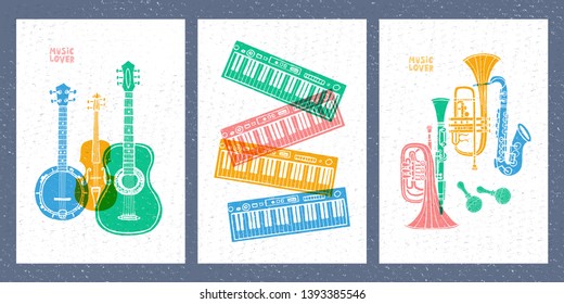 Musical instruments, guitar, fiddle, violin, clarinet, banjo, trombone, trumpet, saxophone, sax, music lover slogan graphic for t shirt design posters prints covers. Hand drawn vector illustration.