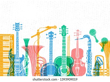 Musical instruments, guitar, fiddle, violin, clarinet, banjo, trombone, trumpet, saxophone, sax, music lover slogan graphic for t shirt design posters prints. Hand drawn vector illustration.