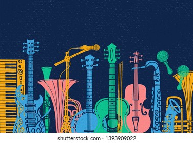 Musical instruments, guitar, fiddle, violin, clarinet, banjo, trombone, trumpet, saxophone, sax, music lover slogan graphic for t shirt design posters prints. Hand drawn vector illustration.