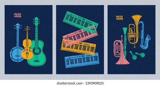 Musical instruments, guitar, fiddle, violin, clarinet, banjo, trombone, trumpet, saxophone, sax, music slogan graphic for t shirt design posters prints covers. Hand drawn vector illustration.